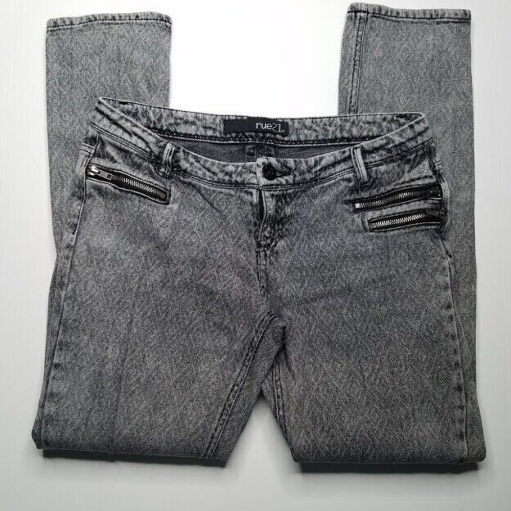 Rue 21 Womens Jeans Juniors Size 7 Light Wash Black Denim Exposed Zipper Pockets